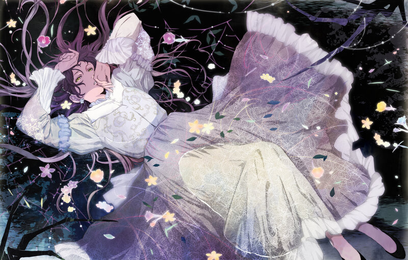 Anime Girl in Dress — Purple, Dreamy, Night, Digital Art, Flowers, Hair