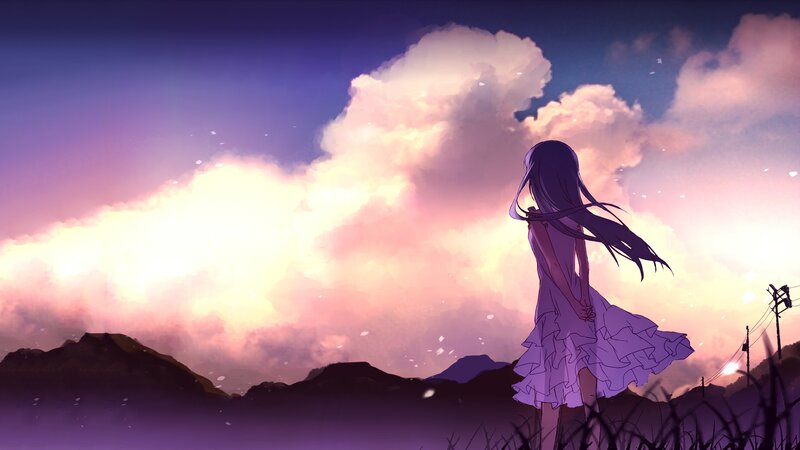 Anime Girl in Dress — Purple, Serene, Sunset, Clouds