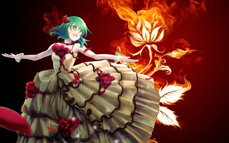 Anime Girl in Dress — Red, Dramatic, Digital Art, Flowers