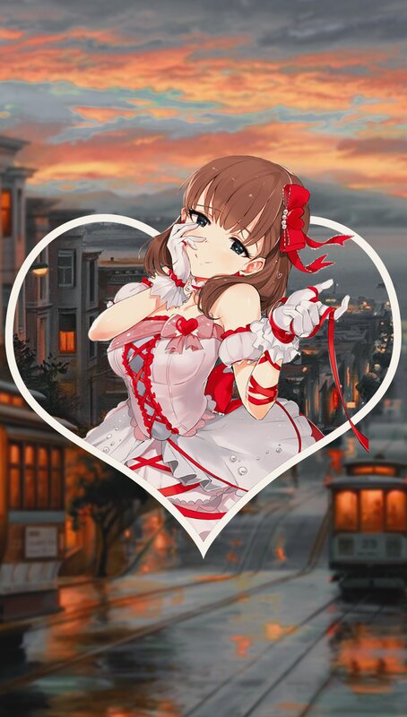 Anime Girl in Dress — Red, Dramatic, Sunset, Digital Art, Heart Frame