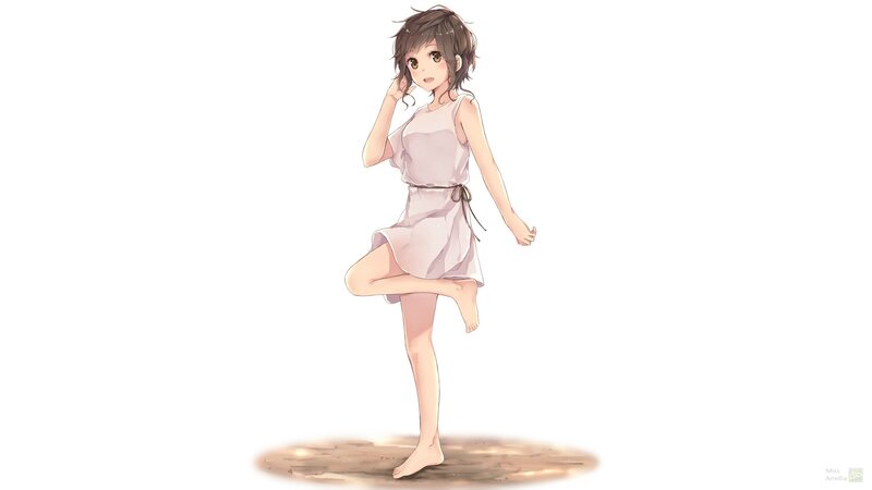 Anime Girl in Dress — White, Calm, Digital Art, Sand