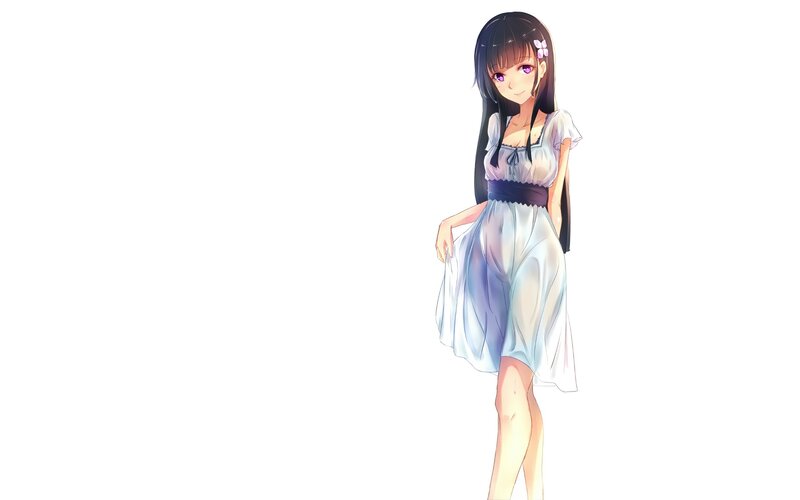 Anime Girl in Dress — White, Calm, Long Hair, Flower Accessory