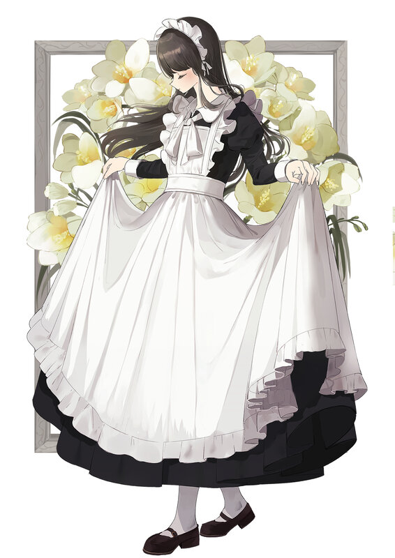 Anime Girl in Dress — White, Serene, Digital Art, Flowers, Frame