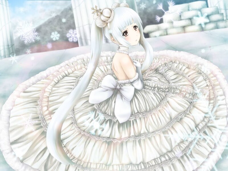 Anime Girl in Dress — White, Serene, Winter