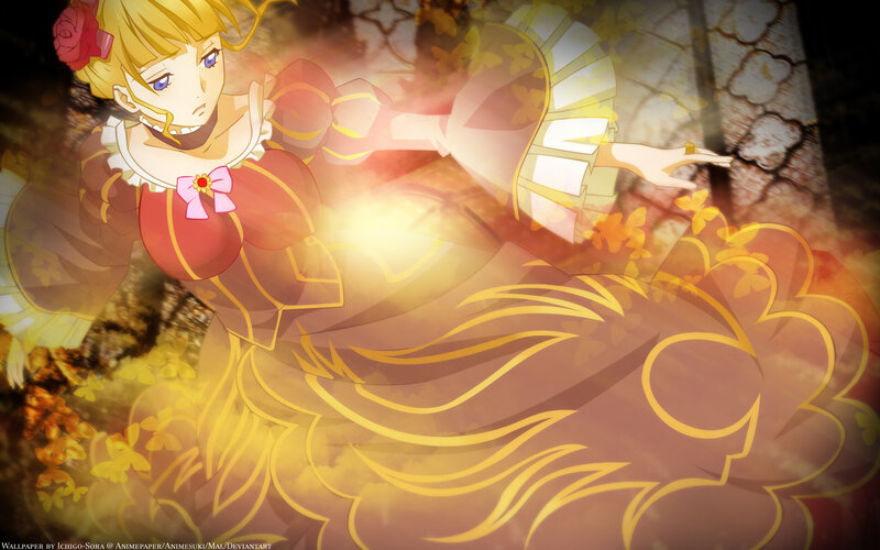 Anime Girl in Dress — Yellow, Dramatic, Autumn, Rose