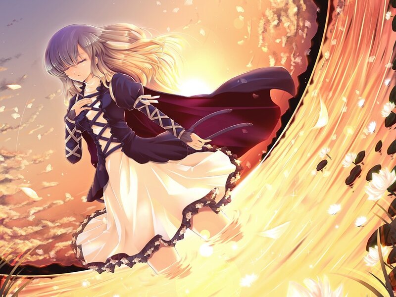 Anime Girl in Dress — Yellow, Dramatic, Sunset