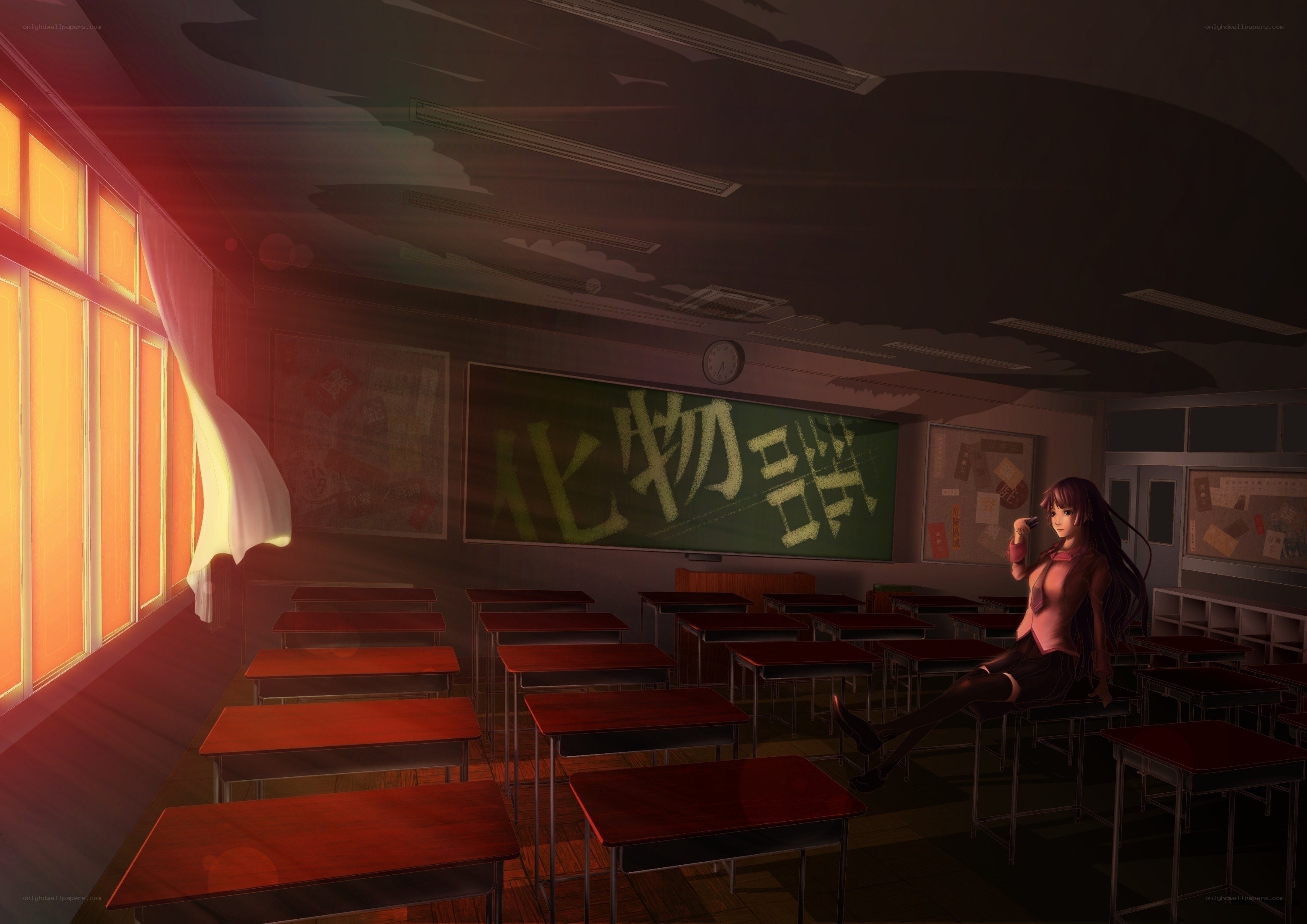Anime girl in empty classroom