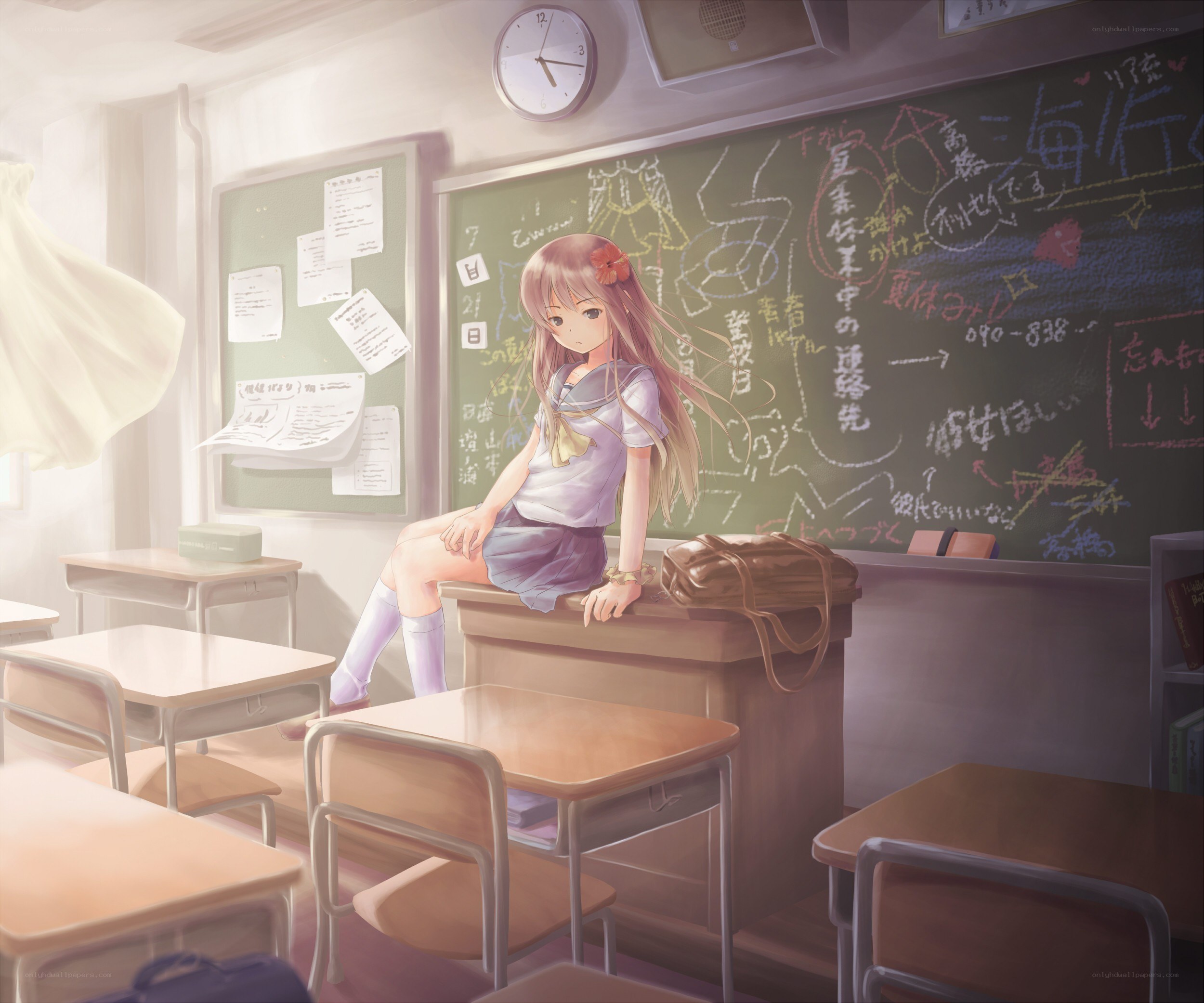 Anime girl in empty classroom
