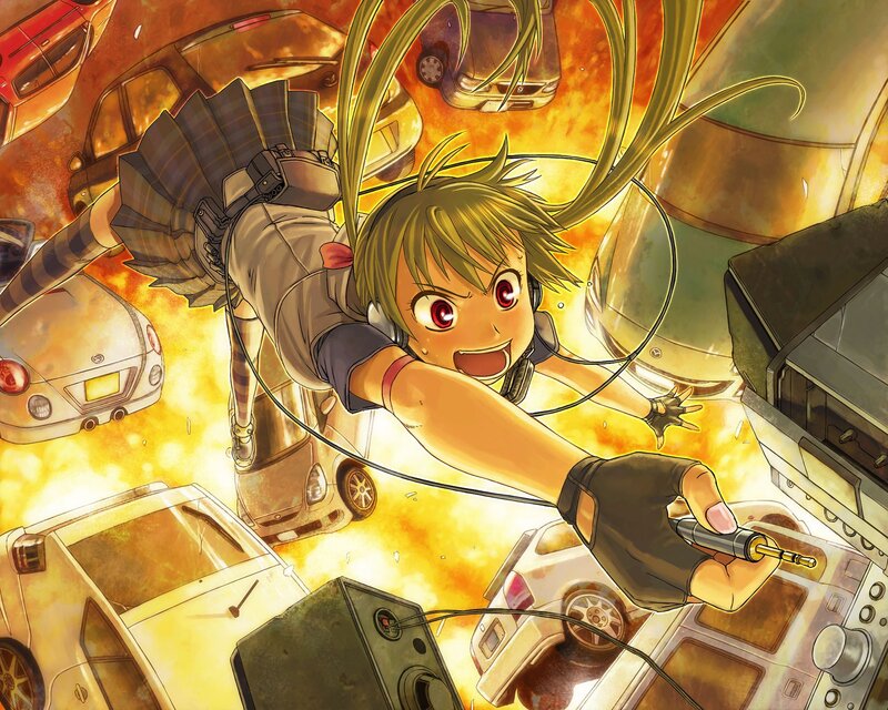 Anime girl in explosion with cars