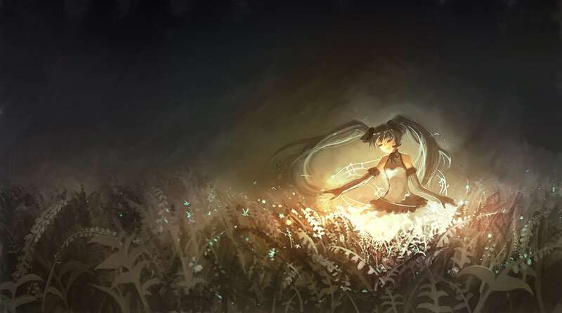 Anime Girl in Field — Black, Serene
