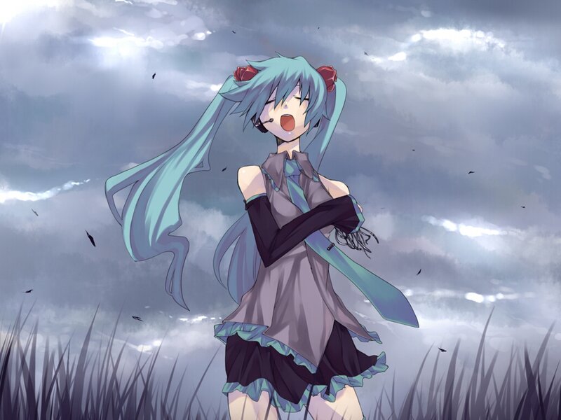 Anime Girl in Field — Blue, Dramatic, Digital Art, Grass