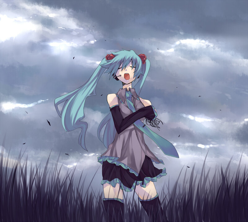 Anime Girl in Field — Blue, Dramatic, Digital Art