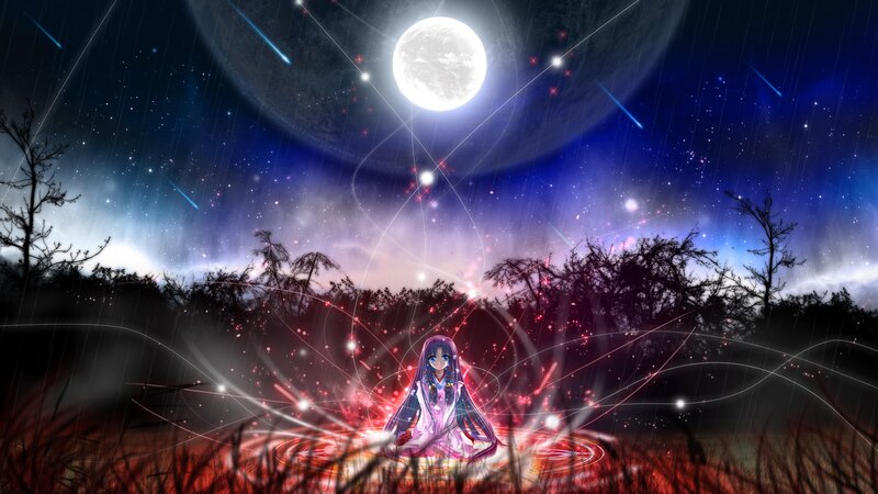 Anime Girl in Field — Blue, Dramatic, Night