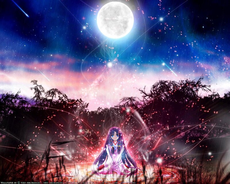 Anime Girl in Field — Blue, Dreamy, Night, Digital Art