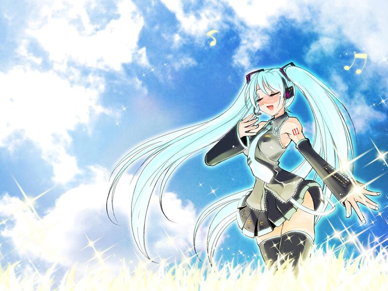 Anime Girl in Field — Blue, Joyful, Afternoon, Digital Art, Music Notes