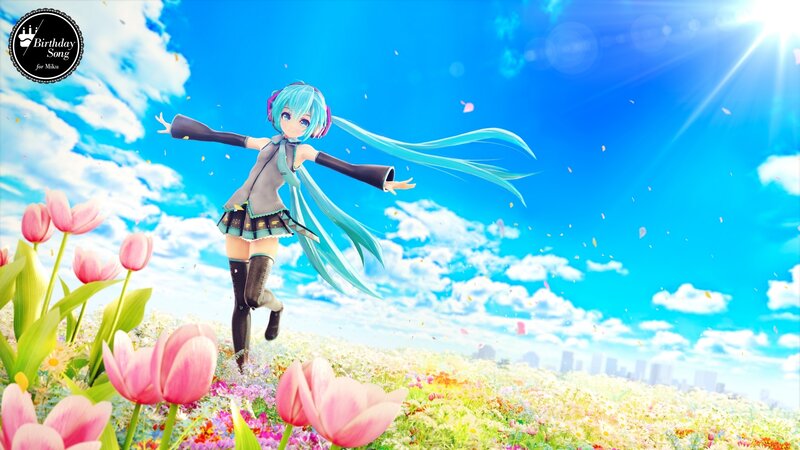 Anime Girl in Field — Blue, Joyful, Afternoon, Digital Art
