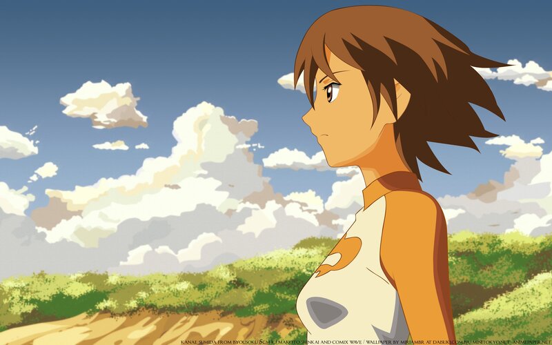 Anime Girl in Field — Blue, Serene, Afternoon, Clouds, Sky