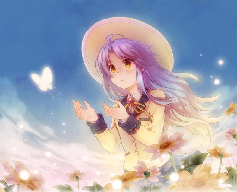 Anime Girl in Field — Blue, Serene, Afternoon, Digital Art, Butterfly