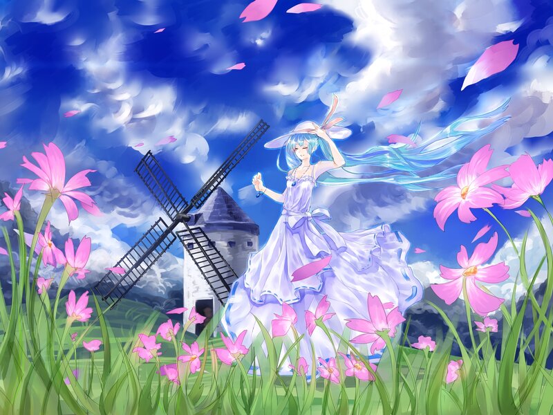 Anime Girl in Field — Blue, Serene, Afternoon, Digital Art, Windmill