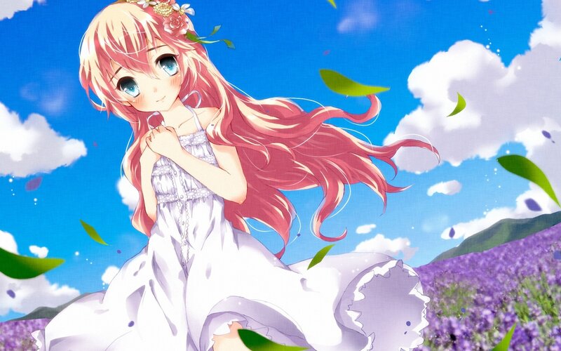 Anime Girl in Field — Blue, Serene, Afternoon, Flowers
