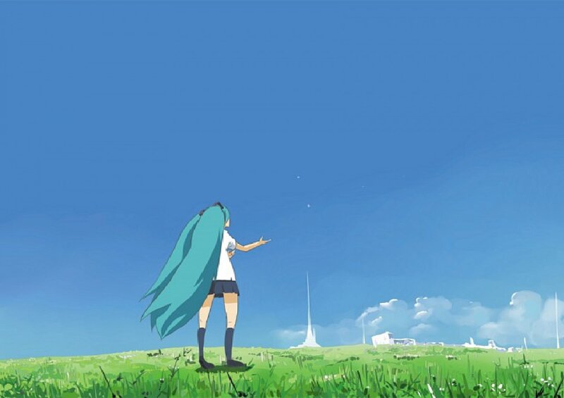 Anime Girl in Field — Blue, Serene, Afternoon, Grass Field