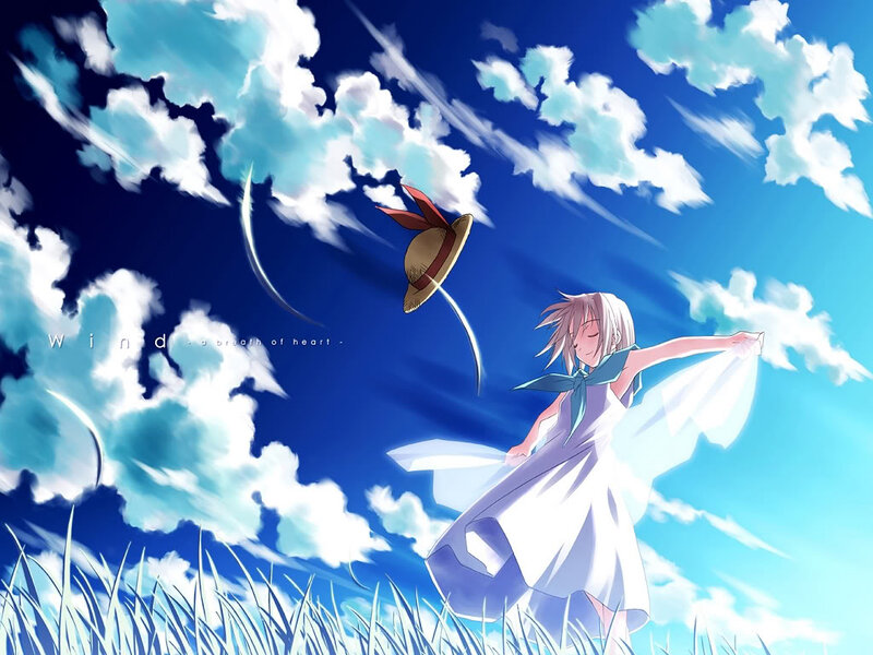 Anime Girl in Field — Blue, Serene, Afternoon, Hat, Clouds, Grass