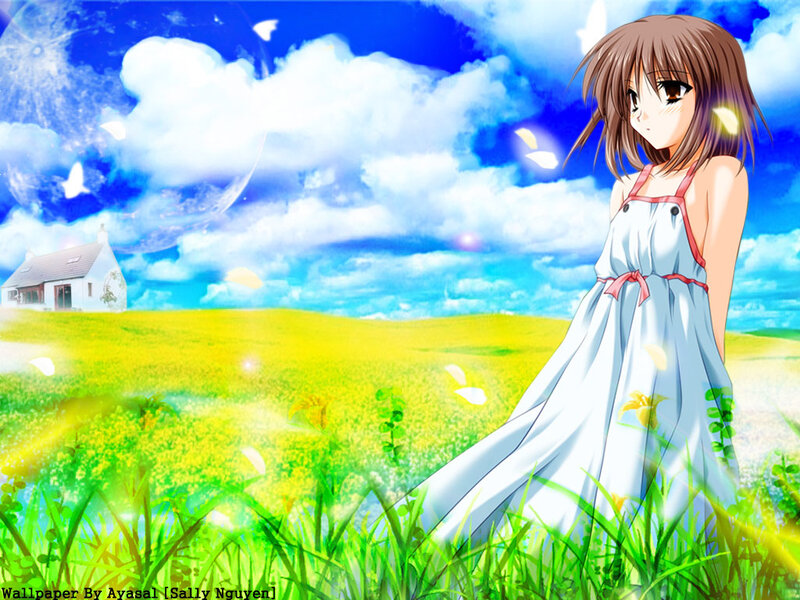 Anime Girl in Field — Blue, Serene, Afternoon, House