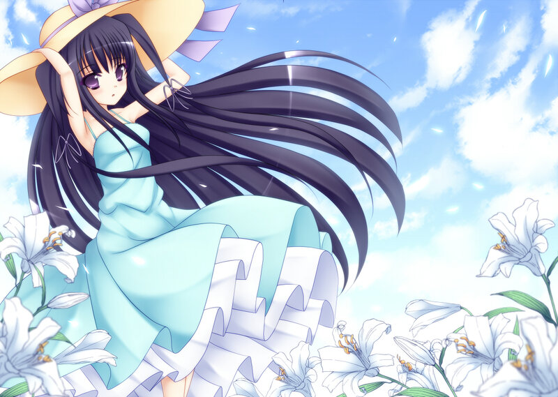 Anime Girl in Field — Blue, Serene, Afternoon, Lilies