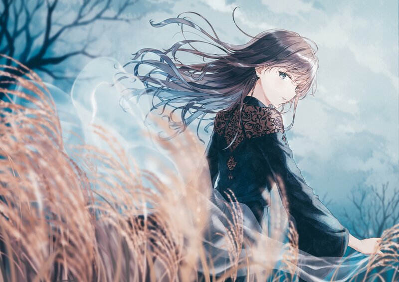 Anime Girl in Field — Blue, Serene, Autumn, Digital Art