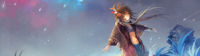 Anime Girl in Field — Blue, Serene, Night, Digital Art, Meteor Shower, Grass