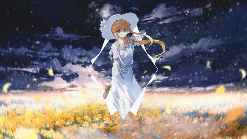 Anime Girl in Field — Blue, Serene, Night, Digital Art, Sky