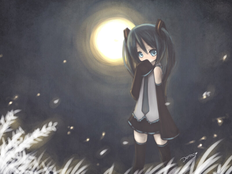 Anime Girl in Field — Blue, Serene, Night, Digital Art