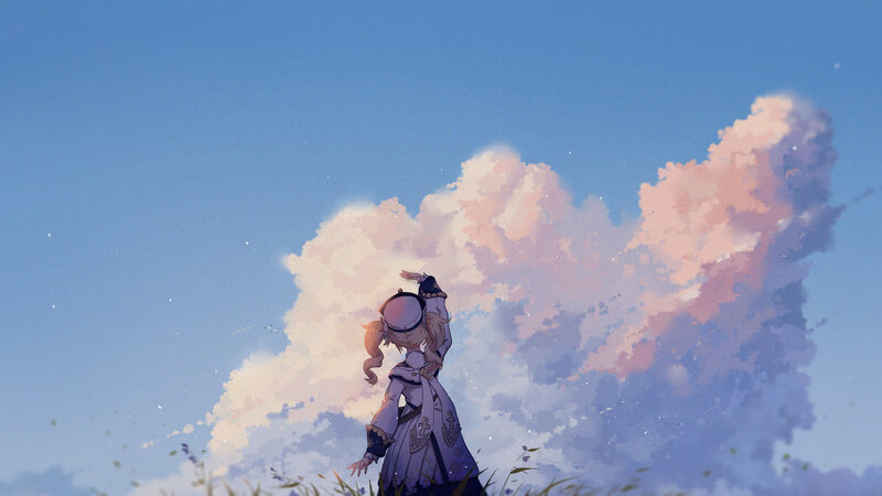 Anime Girl in Field — Blue, Serene, Sunset, Digital Art, Clouds