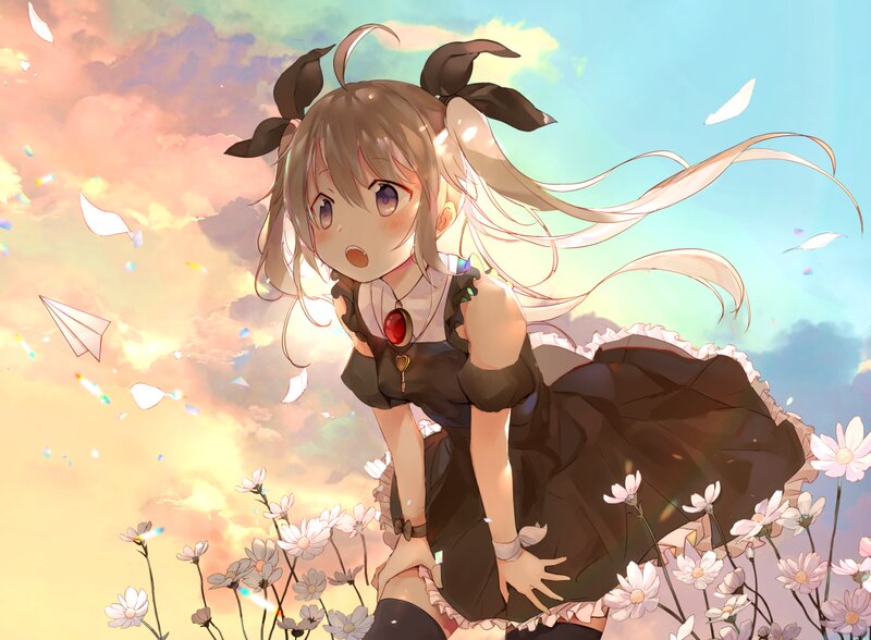 Anime Girl in Field — Blue, Serene, Sunset, Digital Art, Flowers
