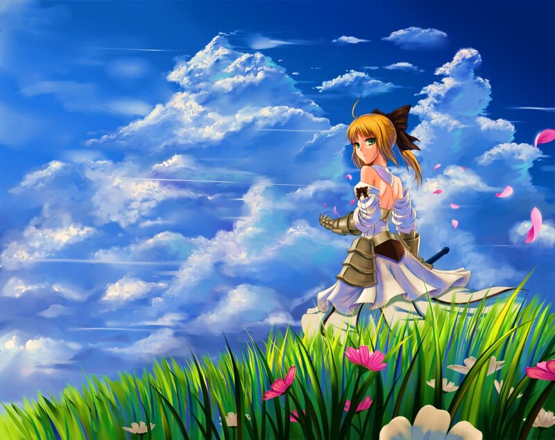 Anime Girl in Field — Blue, Serene