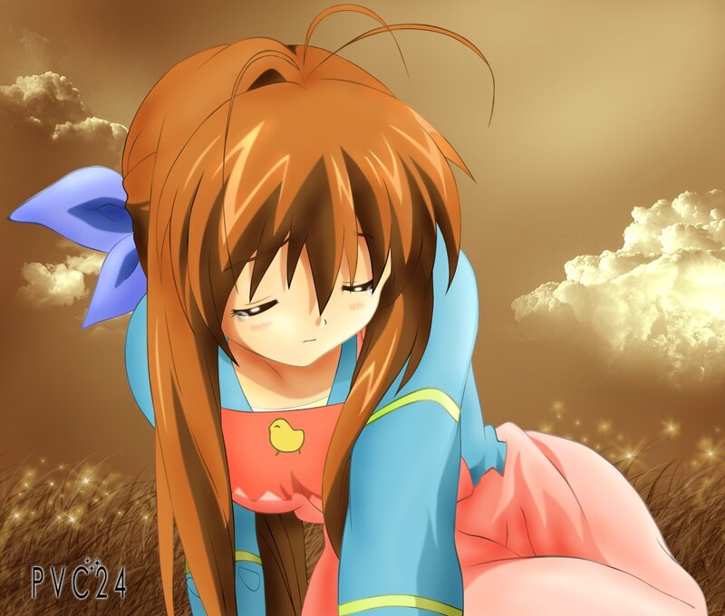 Anime Girl in Field — Brown, Dramatic, Sunset, Blue Bow