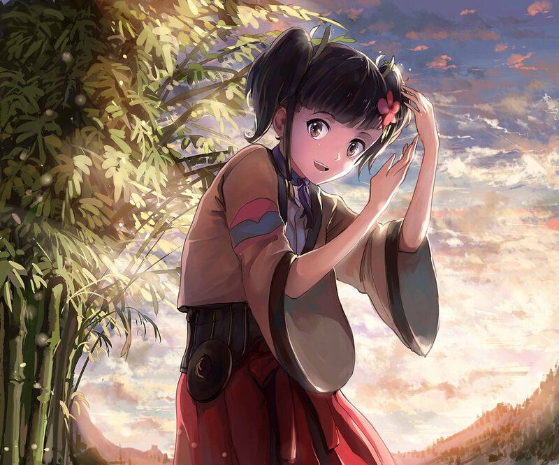 Anime Girl in Field — Brown, Serene, Sunset, Digital Art