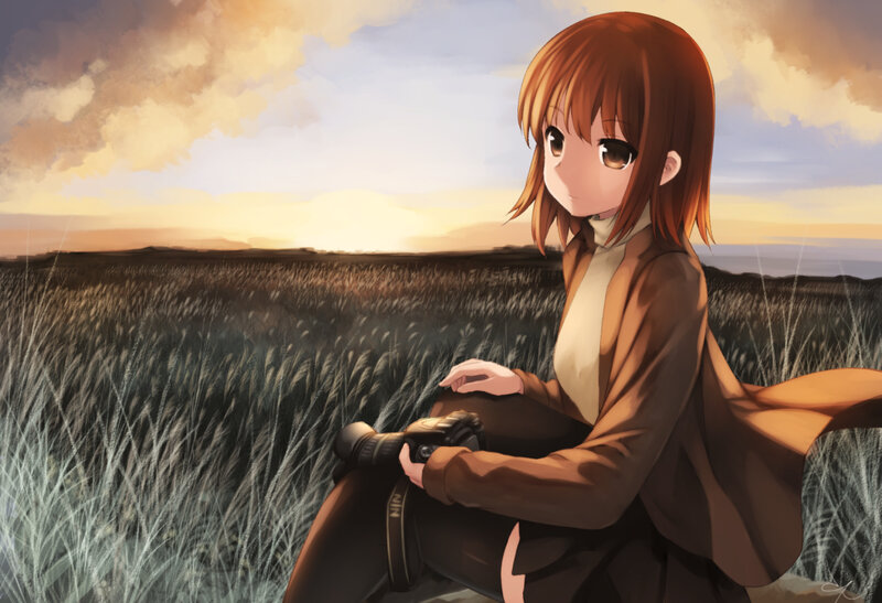 Anime Girl in Field — Brown, Serene, Sunset