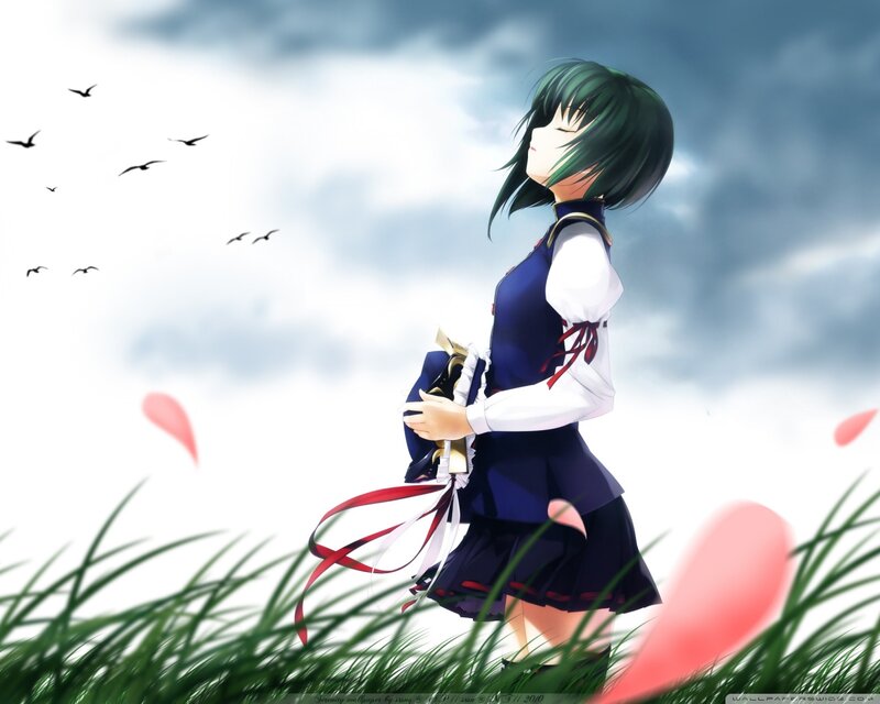 Anime Girl in Field — Green, Serene, Afternoon, Birds