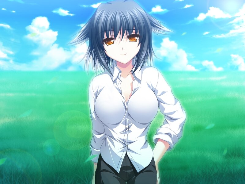 Anime Girl in Field — Green, Serene, Afternoon, Grass, Sky