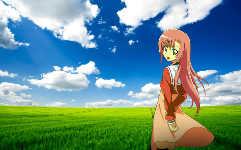Anime Girl in Field — Green, Serene, Afternoon, Sky