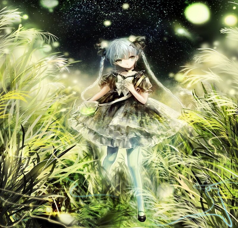 Anime Girl in Field — Green, Serene, Night, Digital Art