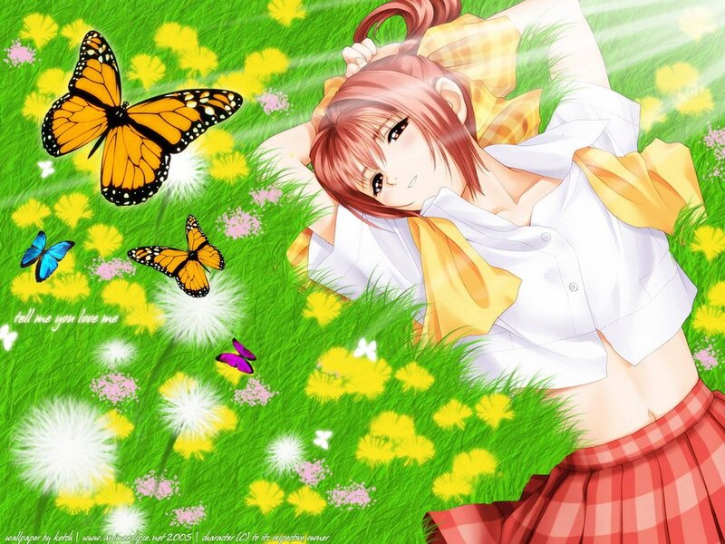 Anime Girl in Field — Green, Serene, Spring, Butterflies
