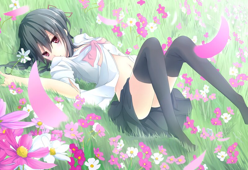 Anime Girl in Field — Green, Serene, Spring, Flowers