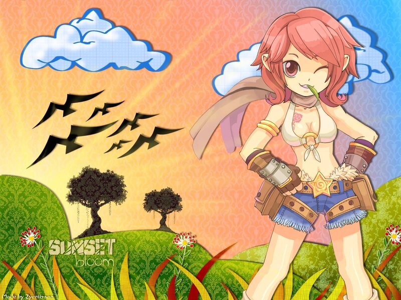 Anime Girl in Field — Green, Serene, Sunset, Digital Art
