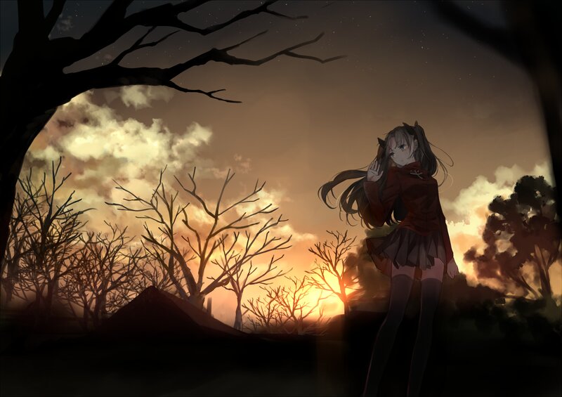 Anime Girl in Field — Orange, Dramatic, Sunset, Digital Art, Tree