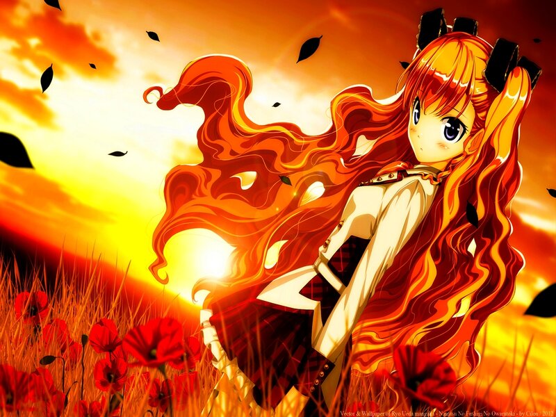 Anime Girl in Field — Orange, Dramatic, Sunset, Manga, Red Flowers