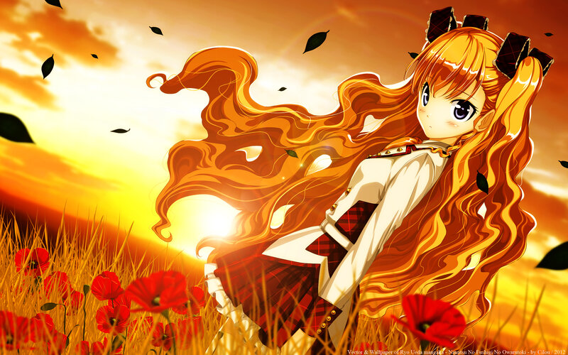 Anime Girl in Field — Orange, Dramatic, Sunset, Manga