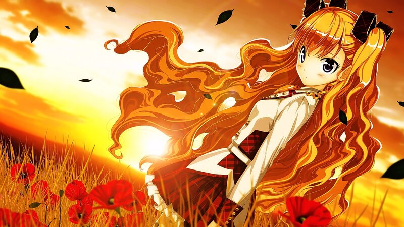 Anime Girl in Field — Orange, Dramatic, Sunset, Poppy Flowers