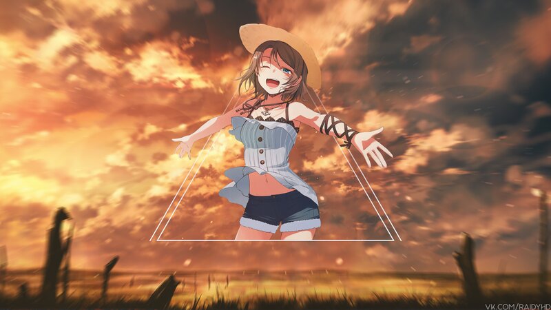 Anime Girl in Field — Orange, Dramatic, Sunset, Straw Hat